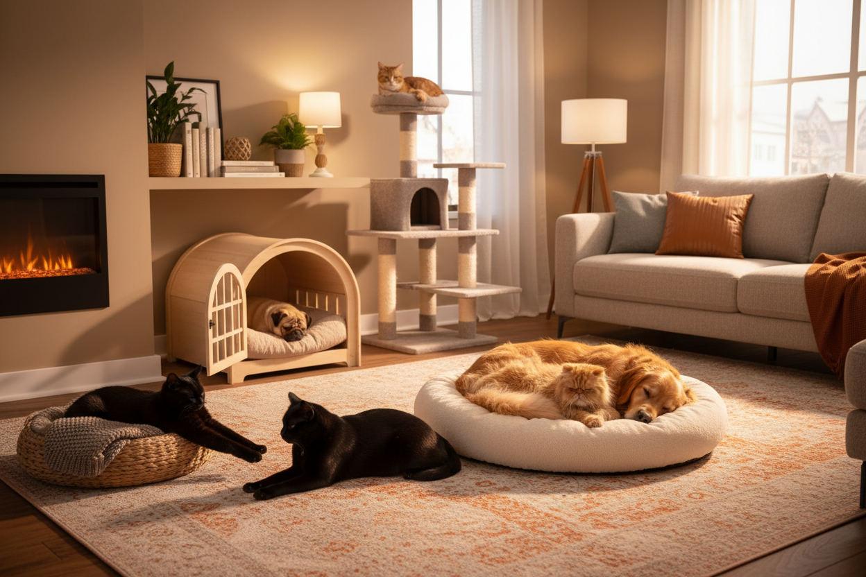 Cani e gatti nella cuccia di casa
